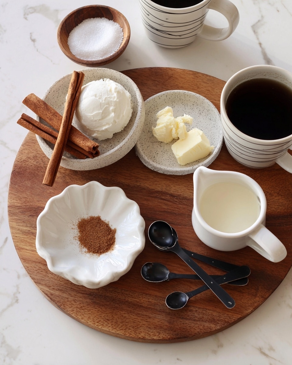A round wooden board holds several small white dishes and measuring spoons arranged neatly. On the board, a speckled white dish contains three cinnamon sticks placed side by side. Next to it is a small white bowl with a scoop of white solid fat, and another similar bowl holds a small chunk of pale yellow butter. In the center is a white measuring cup filled with a creamy liquid. A scalloped white dish contains a small pile of brownish spice powder. Black measuring spoons lie flat on the board showing measurements. Surrounding the board are a small wooden bowl of granulated sugar, a black glass cup filled with dark liquid, and two white mugs with a simple line pattern, placed on a white marbled surface. Photo taken with an iphone --ar 4:5 --v 7