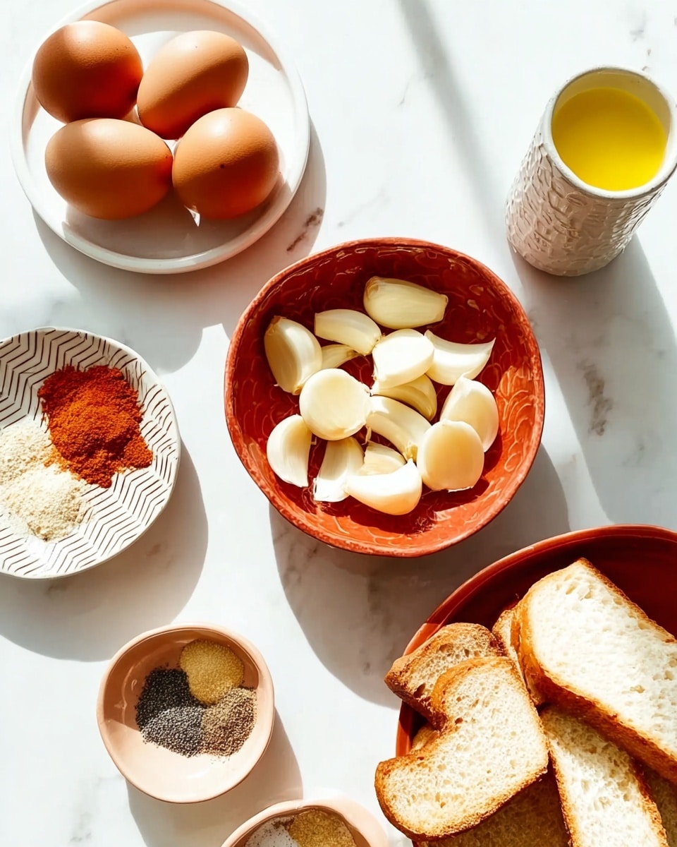 The image shows several cooking ingredients arranged on a white marbled surface. In the center, there is a textured red bowl filled with multiple peeled garlic cloves. To the top left, a white plate holds five brown eggs. Next to the garlic bowl, on the top right, a small white bowl is filled with a reddish powder, likely a spice. Below the spice, a yellow liquid sits in a tall white ceramic cup with a textured edge. At the bottom left corner, a zigzag patterned white plate holds some black and white ground spices in two small piles. On the bottom right, another red bowl is filled with thick slices of white bread. The light is bright and natural, making the colors vivid. photo taken with an iphone --ar 4:5 --v 7