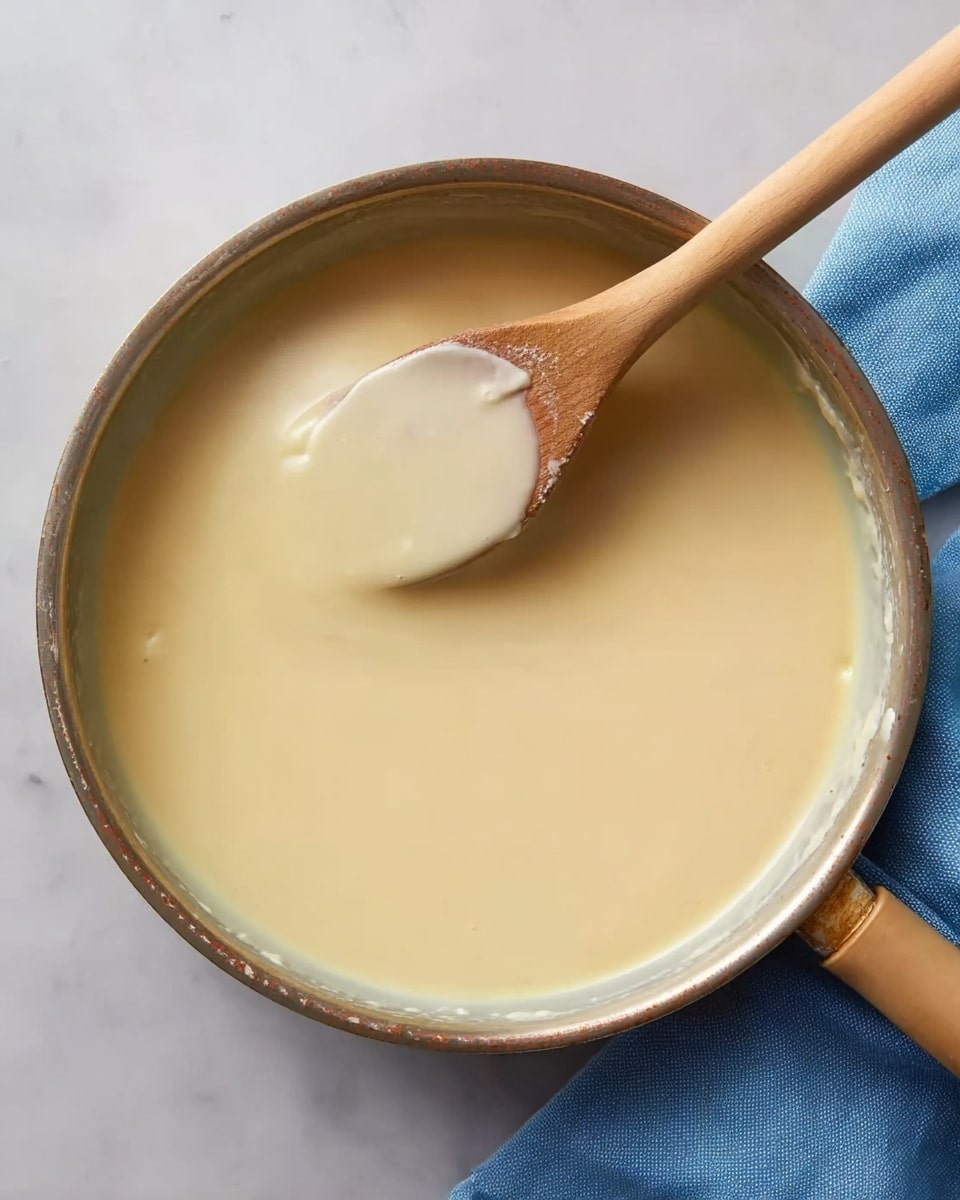 A close-up view of a round metal pan filled with smooth, pale yellow custard-like liquid. A wooden spoon with a flat end partially dipped in the liquid rests inside the pan, with the spoon's handle extending out to the bottom right. The pan sits on a blue cloth on a white marbled surface. The liquid has a shiny, creamy texture without bubbles or lumps. Photo taken with an iphone --ar 4:5 --v 7