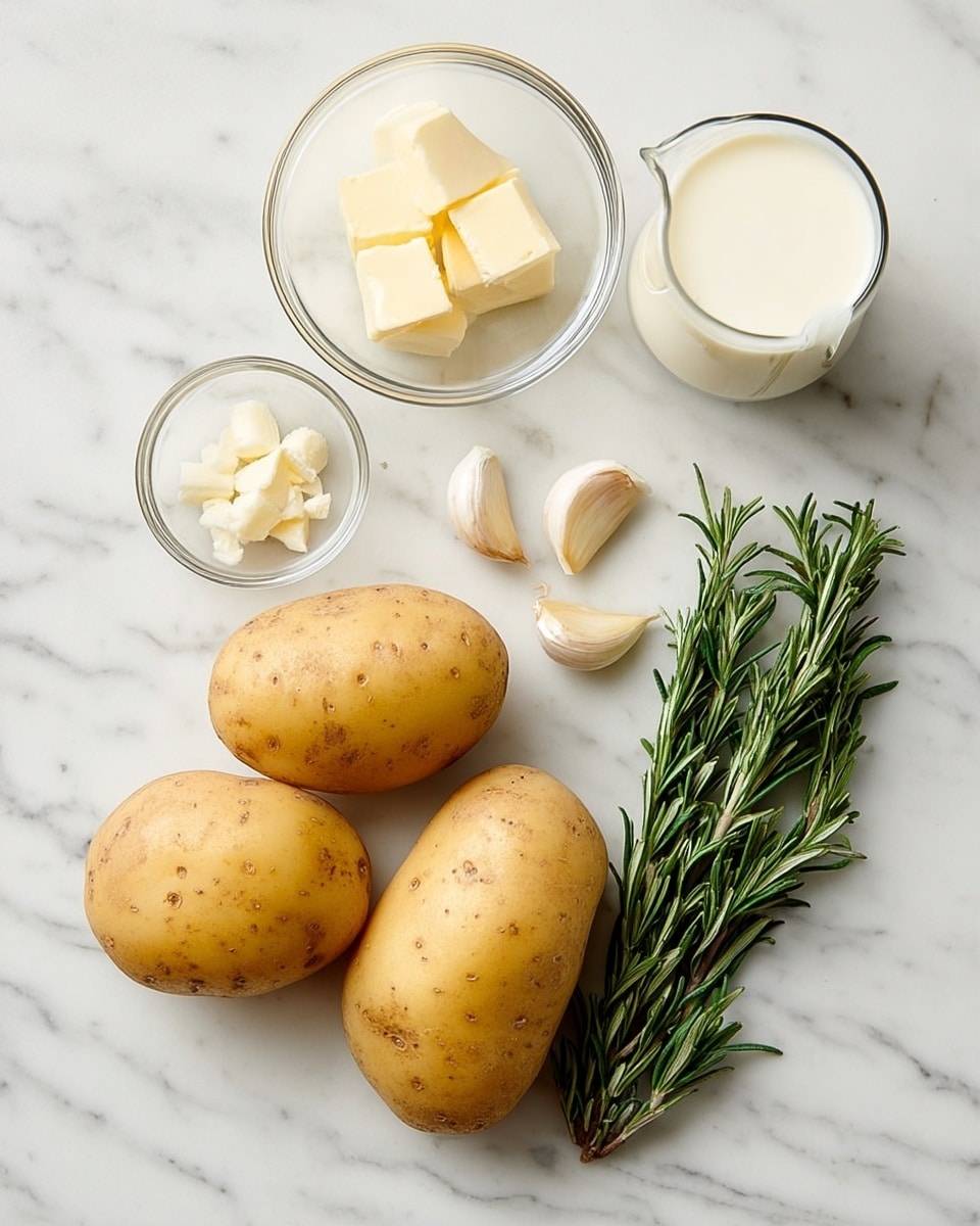 The image shows three whole potatoes with their yellowish brown skin placed on a white marbled surface. Next to them are three peeled garlic cloves, two green sprigs of rosemary, a small round glass bowl filled with a few cubes of butter, and another round glass bowl filled with creamy white milk. The ingredients are evenly spaced and carefully arranged on the surface. photo taken with an iphone --ar 4:5 --v 7