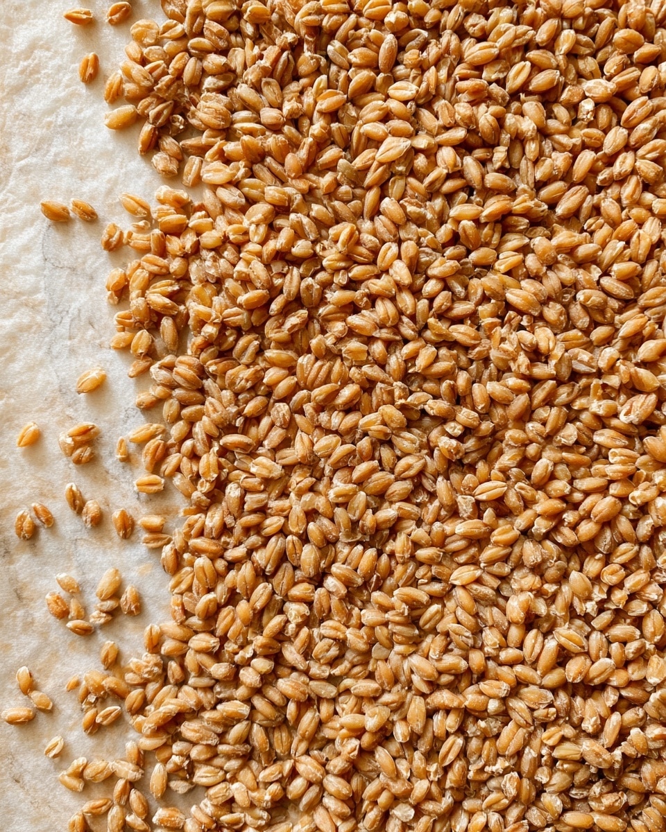The image shows a close-up of cooked and drained farro grains spread evenly on a sheet of parchment paper, which has a light beige color underneath the warm, golden-brown grains. The grains are small, oval-shaped with a firm texture, and some have a slightly lighter or darker tone, creating a natural, textured look. The background is changed to a white marbled texture. Photo taken with an iphone --ar 4:5 --v 7