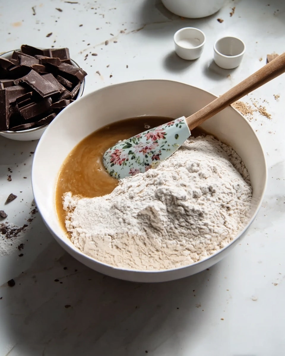 A white bowl placed on a white marbled surface holds a mixture of light brown liquid and white flour, with the flour partially sitting on top, showing a clear division between the two layers. A floral-patterned spatula with a wooden handle is stirring into the bowl. To the left, a white bowl filled with dark chocolate pieces sits on the same surface, and near the back, a woman's hand holds the spatula while two small white containers, one with a lid, are partially visible in the background. photo taken with an iphone --ar 4:5 --v 7