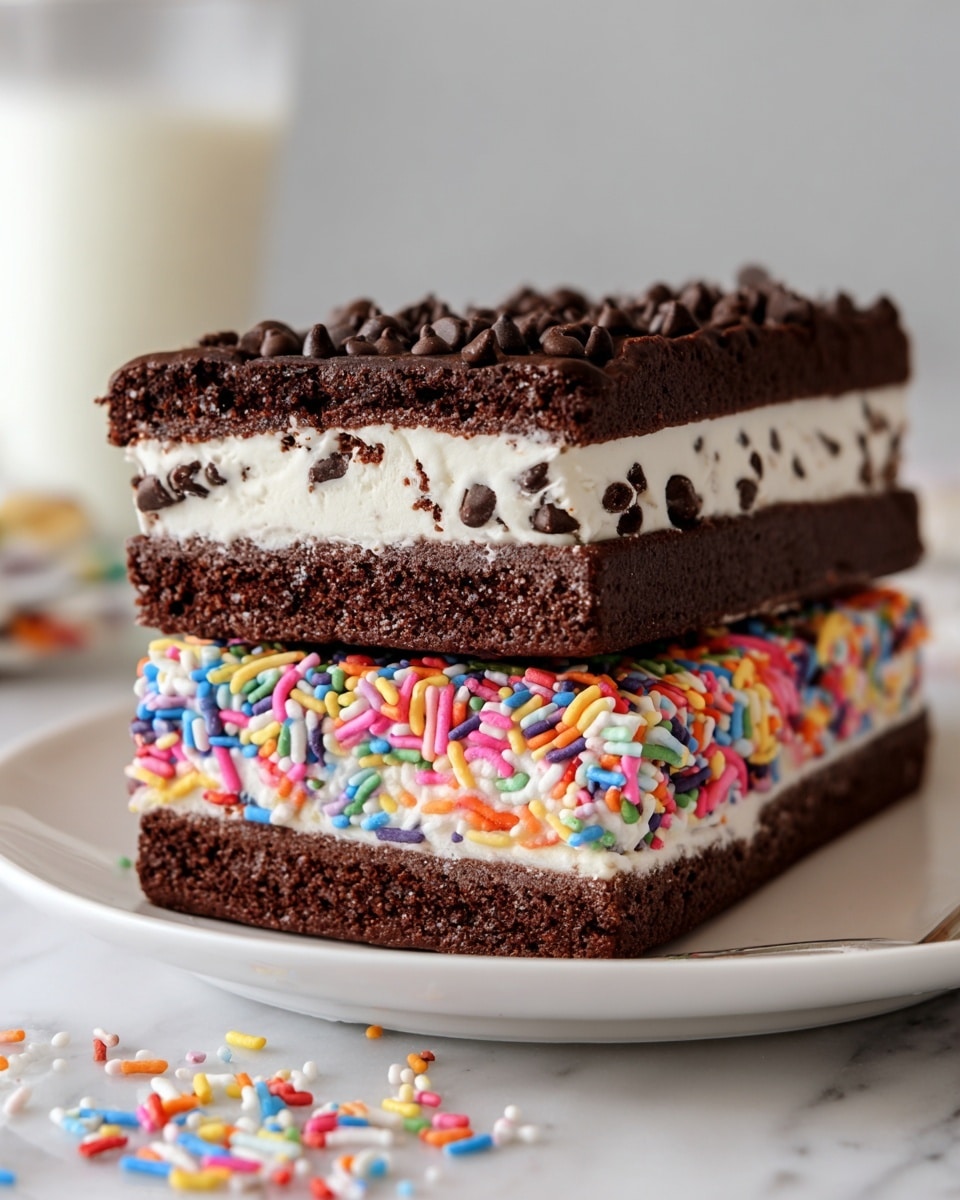 The image shows two square chocolate ice cream sandwiches stacked on a white plate with a white marbled surface underneath. The top sandwich has two dark brown chocolate cake layers with a thick white cream filling in the middle, covered with many small dark chocolate chips on its sides. The bottom sandwich has the same dark brown chocolate cake layers with a white cream filling in the middle, but its sides are covered in colorful sprinkles in red, yellow, blue, pink, green, and white. Some sprinkles are scattered on the plate and the surface around it. In the blurred background, there is a clear glass container filled with milk. photo taken with an iphone --ar 4:5 --v 7