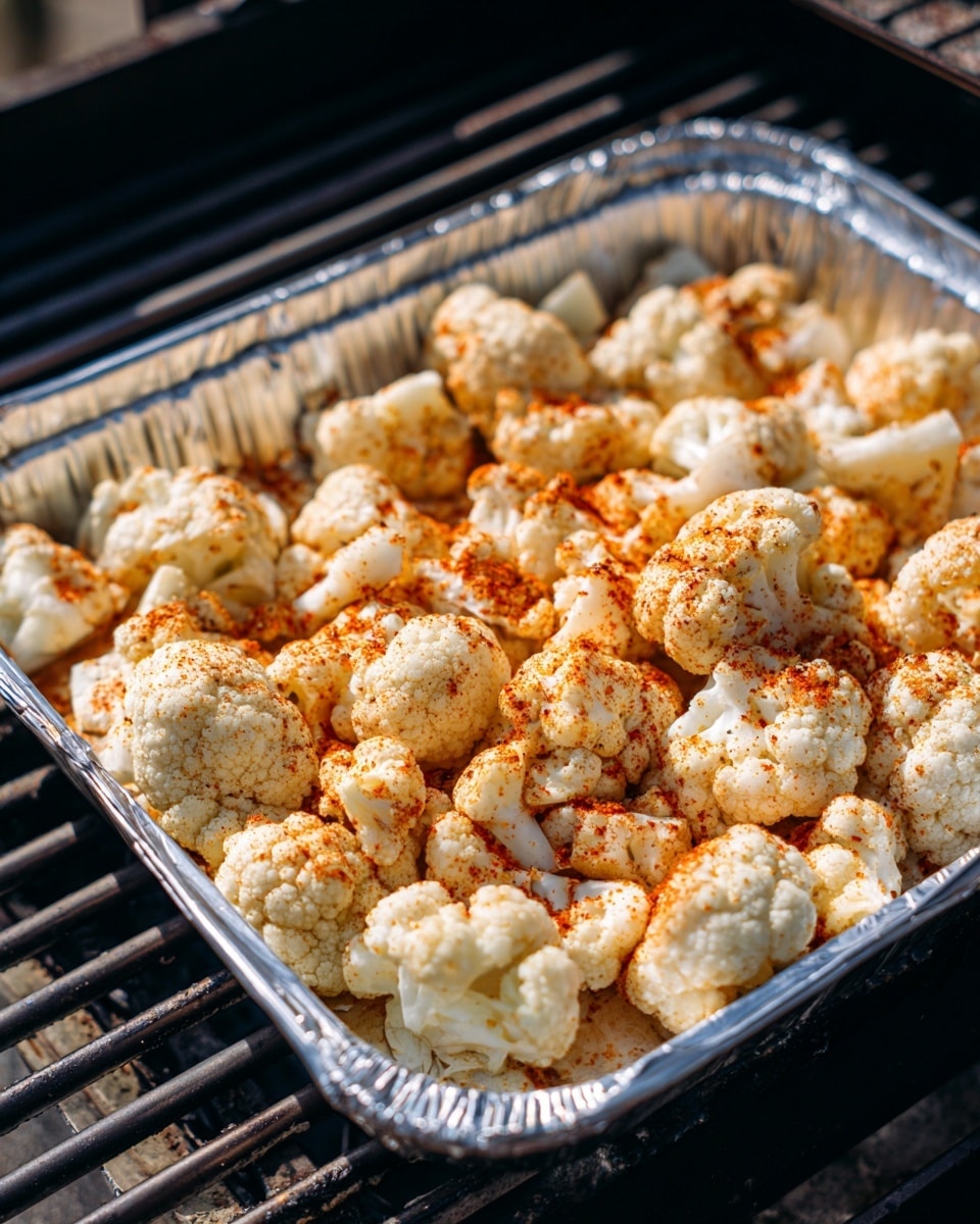 A silver foil tray filled with many pieces of white cauliflower florets spread out evenly. Each piece is topped with a light dusting of reddish-orange seasoning powder, giving it a slight speckled look. The cauliflower has a soft texture and natural white color, contrasting with the warm spice tones sprinkled on top. The foil tray is resting on an outdoor grill with parts of black grates visible beneath. photo taken with an iphone --ar 4:5 --v 7