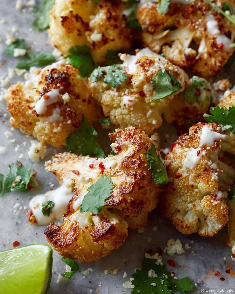 The image shows roasted cauliflower pieces that have a golden brown color with crispy edges. Each cauliflower piece is topped with a light white creamy sauce sprinkled with some small red spices. Bright green cilantro leaves are scattered over the cauliflower, adding a fresh touch. A small wedge of lime is partly visible in the bottom left corner. The cauliflower rests on a white marbled surface with some green cilantro leaves and light crumbly bits around. The photo taken with an iphone --ar 4:5 --v 7