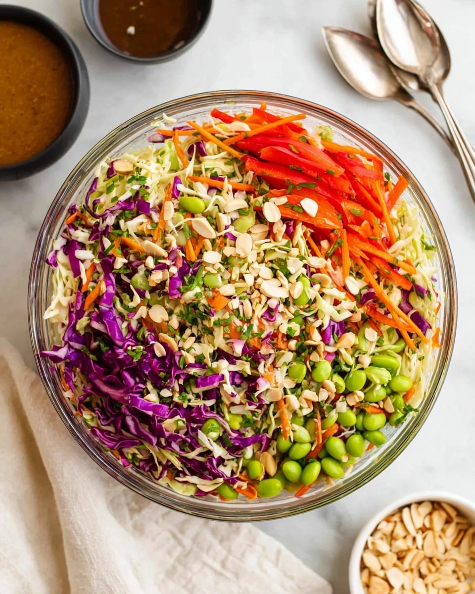 A clear bowl filled with a colorful salad that has four main layers: a base of shredded white cabbage, mixed with bright purple cabbage pieces; thin orange carrot sticks scattered around; bright green edamame beans spread evenly; and thin red bell pepper strips layered on top. The salad is sprinkled with light, pale sliced almonds and small bits of green herbs throughout, adding texture and contrast. The bowl sits on a white marbled surface, with a small black bowl of brown dressing partially visible in the upper left and a small white bowl of extra sliced almonds at the bottom right. Two silver spoons lie on a white cloth nearby. Photo taken with an iphone --ar 4:5 --v 7