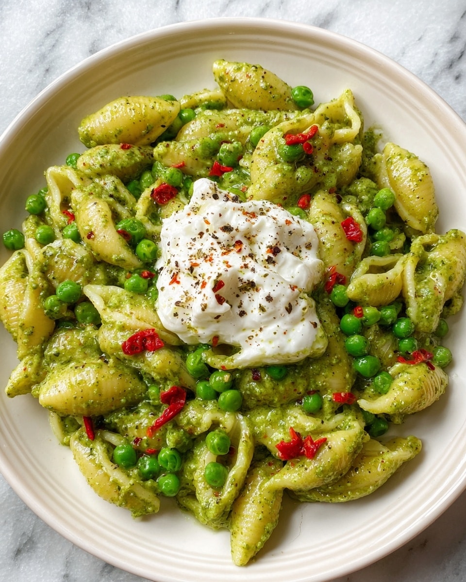 The dish is served on a white plate filled with pasta shells coated in green pesto sauce, mixed with bright green peas and small pieces of red chili scattered throughout. On top of the pasta, there is a dollop of creamy white cottage cheese, sprinkled lightly with black pepper and a few small red chili pieces for color contrast. The textures show the smooth, saucy pasta, firm peas, and soft cottage cheese, all arranged neatly on a white marbled surface. photo taken with an iphone --ar 4:5 --v 7