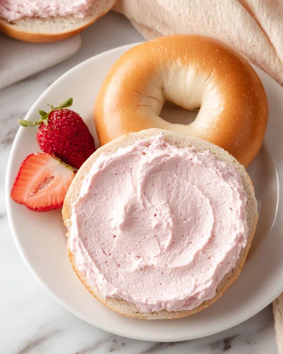 A white plate holds a toasted bagel cut in half, with the bottom half fully spread with a thick, creamy light pink layer of strawberry cream cheese. The top half of the bagel, showing a golden brown, shiny crust, rests beside it on the plate. On the white marbled surface nearby, there are a couple of halved fresh strawberries, adding a splash of red and green color next to a soft beige cloth. The texture of the cream cheese appears smooth with small, soft peaks and swirls. Photo taken with an iphone --ar 4:5 --v 7