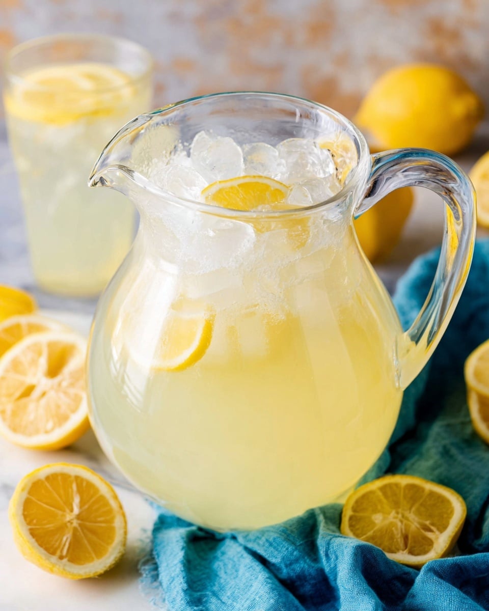 A clear glass pitcher filled with pale yellow lemonade, topped with large ice cubes and floating thin lemon slices near the surface. The pitcher has a curved spout and a handle on the right side. Around the pitcher, there are cut lemon halves and a blue cloth on a white marbled surface. In the background, there is a glass of lemonade with a lemon slice inside. photo taken with an iphone --ar 4:5 --v 7