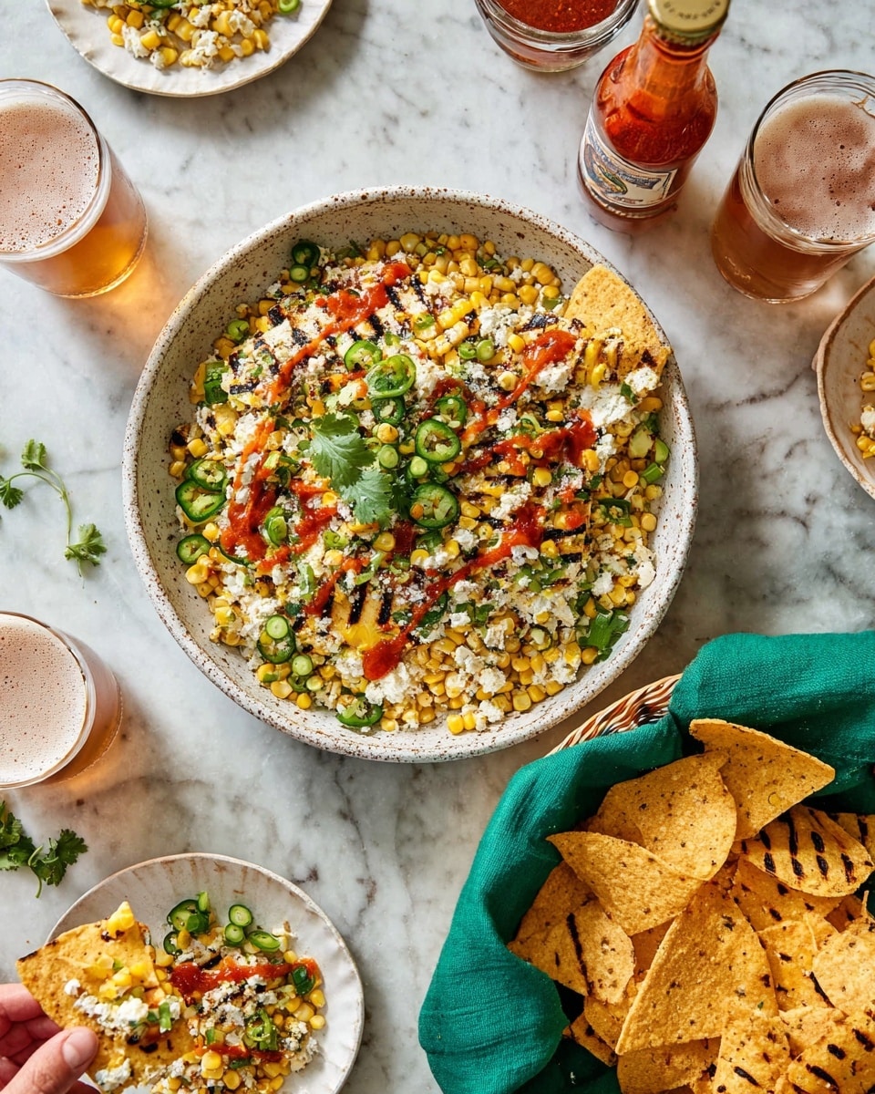 A large white speckled bowl filled with a layered mix of grilled yellow corn kernels with black grill marks on top, white creamy cheese crumbles beneath, and fresh green sliced jalapeño and chopped green onions scattered throughout. Bright green cilantro leaves are spread on top, and a drizzle of red hot sauce runs across the layers. Next to the bowl is a basket lined with a green cloth, filled with large, triangular golden tortilla chips sprinkled with salt. Some chips are placed on white plates, topped with a portion of the corn mixture and cilantro. A bottle of hot sauce and three clear glasses of light brown beer with foam are also visible on a white marbled surface. A woman's hand is holding one tortilla chip with corn topping. Photo taken with an iphone --ar 4:5 --v 7