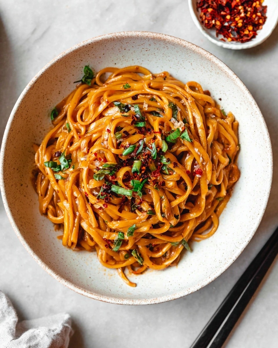 A bowl of noodles with a thick orange-brown sauce coating each strand, garnished with small green herb pieces and red chili flakes scattered on top and around the noodles. The white bowl has a light speckled texture, sitting on a white marbled surface with a small white bowl of red chili flakes in the background on the upper right. Black chopsticks rest diagonally on the right side of the surface. photo taken with an iphone --ar 4:5 --v 7