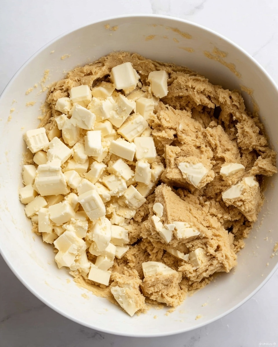 A white bowl filled with a thick, beige cookie dough taking up about two-thirds of the bowl, with chunky, creamy white chocolate pieces scattered on the remaining one-third. The dough looks rough and slightly crumbly with some smooth patches. The bowl is placed on a white marbled surface. photo taken with an iphone --ar 4:5 --v 7