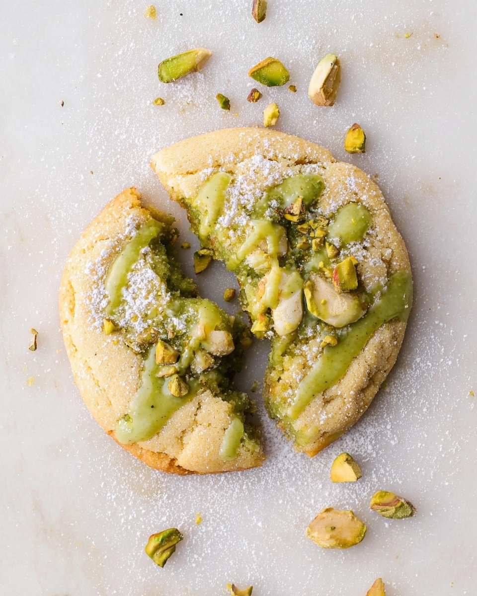 A single round cookie, broken into two large pieces, sits on a white marbled surface dusted with powdered sugar. The cookie is golden-brown and soft-looking with a slightly cracked texture. Over the top and inside the cookie are thick drizzles of green sauce or glaze, pooling slightly at the break. Small chunks of light-colored filling peek out from inside the cookie. Crushed nuts, mostly green pistachios, are scattered on top and around the cookie, adding texture and color contrast. The scene is bright and clean, focusing on the rich textures and colors of the cookie and its toppings. photo taken with an iphone --ar 4:5 --v 7