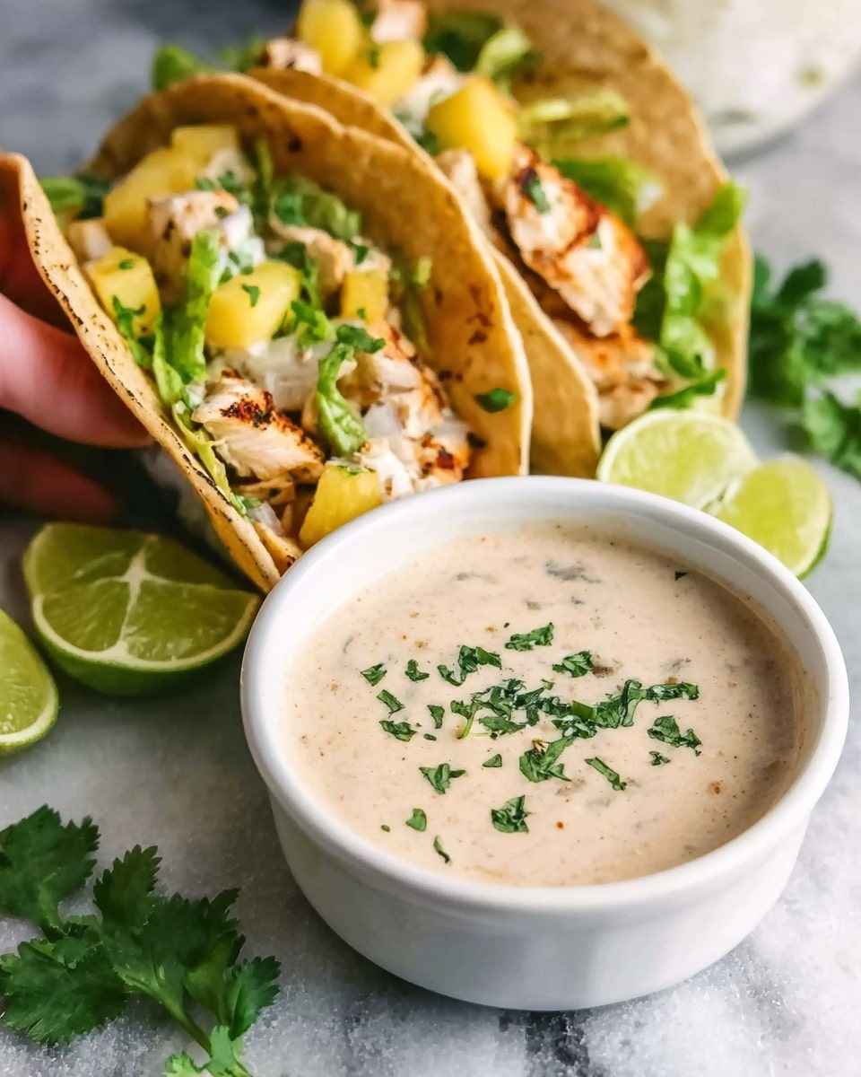 The image shows a small white bowl filled with a creamy beige sauce, topped with finely chopped green herbs. Behind the bowl, there are two soft tacos filled with light brown grilled chicken pieces, fresh green lettuce, and yellow pineapple chunks. A wedge of lime and some fresh green cilantro leaves are placed near the bowl on a white marbled surface. A woman's hand is holding one of the tacos. The lighting highlights the fresh textures and colors. photo taken with an iphone --ar 4:5 --v 7