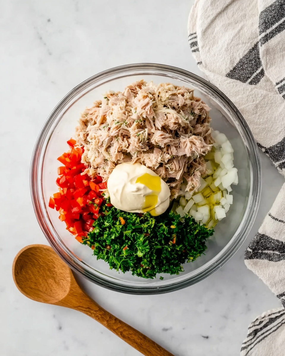 A clear glass bowl sits on a white marbled surface, filled with separate layers of ingredients for a salad mix. At the top, there is a large layer of light beige shredded tuna. Below it, there is a creamy off-white dollop of mayonnaise with a small drizzle of golden olive oil on the right side. To the right and slightly underneath the mayo and tuna, there is a layer of small white onion pieces. On the bottom right, a layer of bright green chopped parsley is visible. On the bottom left, there are finely chopped red bell peppers in a bright red color. The bowl is accompanied by a wooden spoon on the left and a white towel with gray and black stripes on the right side. Photo taken with an iphone --ar 4:5 --v 7