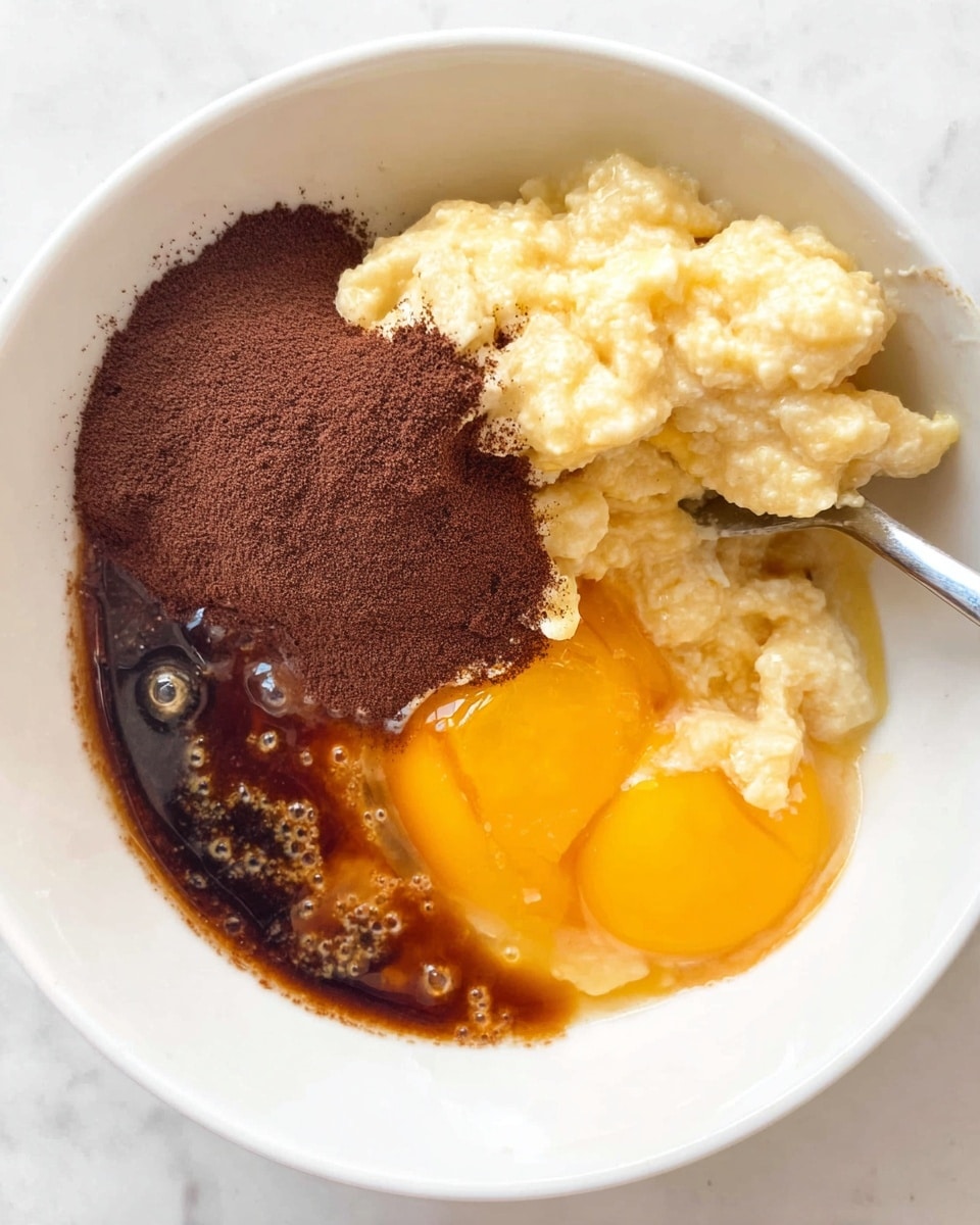 In a white bowl, there are four distinct layers of ingredients. On the right side is a smooth, bright yellow egg yolk, with thick, glossy texture. Next to it and covering the bottom left part is a dark brown liquid resembling syrup or sauce, spread unevenly with some bubbles. Sitting on top of the sauce, near the left center, is a mound of fine, dark brown powder with a soft texture. Covering the upper right part of the bowl is a chunky, pale yellow mixture that looks creamy and lumpy. A silver spoon is partially visible on the right side, dipping into the layers. The bowl rests on a white marbled surface. Photo taken with an iphone --ar 4:5 --v 7