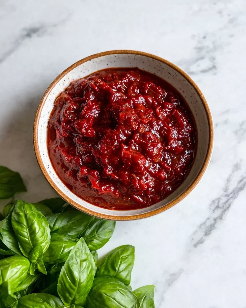 A white bowl with a brown rim is filled with a thick, deep red sauce that has chunky tomato pieces inside, giving it a textured and rich look. The bowl sits on a white marbled surface, and next to it are fresh bright green basil leaves adding a pop of color and freshness to the scene. The sauce looks shiny and dense, covering the bowl evenly. photo taken with an iphone --ar 4:5 --v 7