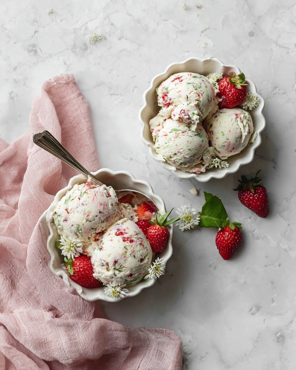 Two white scalloped-edge bowls sit on a white marbled surface, each filled with three scoops of creamy ice cream that is swirled with green and red colors, giving a textured look of mixed flavors. One bowl contains fresh bright red strawberries with green leaves and small white strawberry flowers underneath the ice cream. A silver spoon rests inside the bowl with strawberries, slightly melting the ice cream around it. Nearby, there is a soft pink cloth casually draped. Photo taken with an iphone --ar 4:5 --v 7