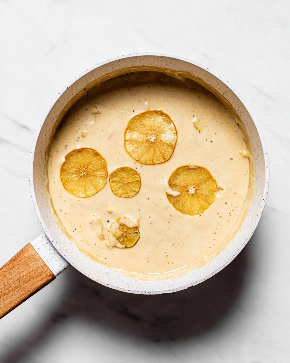A white speckled pot with a light wooden handle is filled with a creamy, light beige sauce that has a smooth texture with some small bits. Floating on the surface are four round, thin slices of orange with visible pulp and rind, slightly submerged in the sauce. The pot sits on a white marbled surface, and the photo is taken from above, focusing on the pot and its contents photo taken with an iphone --ar 4:5 --v 7