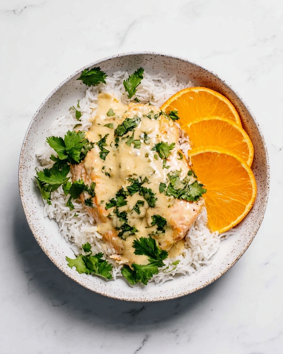 The image shows a white speckled bowl filled with three layers. The bottom layer is white fluffy rice covering most of the bowl. On top of the rice, slightly to one side, there is a light pink piece of cooked fish covered with a creamy light beige sauce. Around the fish and rice, there are several fresh green cilantro leaves scattered for garnish. To the side of the fish are two bright orange slices arranged in a small fan shape. The bowl is placed on a white marbled surface. photo taken with an iphone --ar 4:5 --v 7