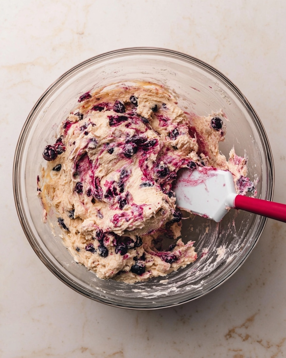A clear glass bowl holds a thick, creamy dough mixed with small dark purple berries, showing streaks of purplish juice spread unevenly through the pale dough. A white spatula with a red handle rests inside, partially buried in the mixture. The bowl sits on a white marbled surface, adding a clean, bright contrast to the dough colors, photo taken with an iphone --ar 4:5 --v 7