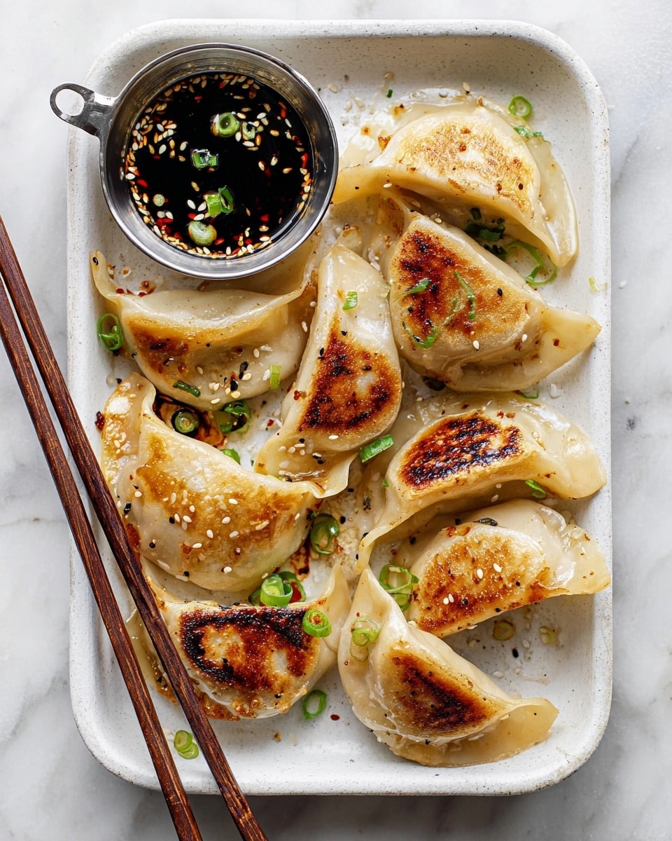 A white tray holds eight pan-fried dumplings arranged unevenly, each dumpling having a soft, pale dough with parts browned and crispy from cooking, showing golden and light brown spots. Small green onion pieces and white sesame seeds are scattered over the dumplings. A small silver cup filled with dark soy sauce, sprinkled with sesame seeds and tiny green onions, is placed in the top left corner of the tray. A pair of brown chopsticks rests diagonally on the left side, with the tips touching one dumpling. The tray is set on a white marbled surface. photo taken with an iphone --ar 4:5 --v 7