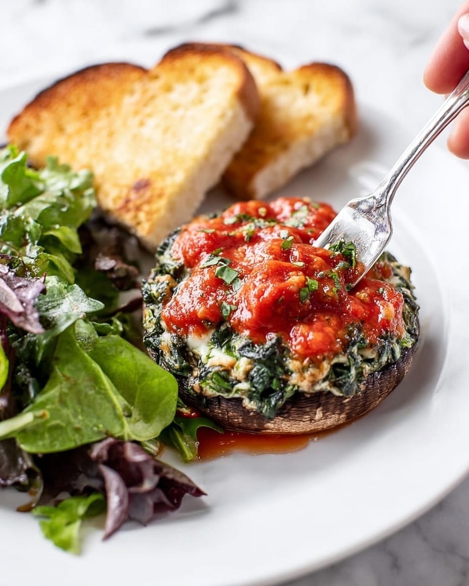 A white plate holds a stuffed mushroom on the right, filled with a green leafy and white cheese mixture topped with dollops of red tomato sauce that is also being spooned on by a woman's hand using a silver spoon. To the left of the mushroom, there is a small pile of fresh green and purple leafy salad. At the top of the plate, two pieces of toasted white bread with a golden-brown crust are partially visible. The background shows a white marbled surface. Photo taken with an iphone --ar 4:5 --v 7