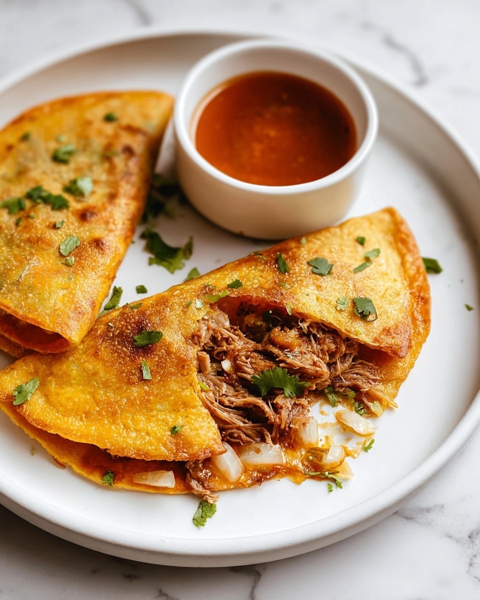 The image shows two golden-brown folded tortillas on a white plate, with one tortilla partially eaten to reveal a filling of shredded meat mixed with small white pieces, likely onion. Both tortillas have small white and green bits, probably chopped onions and cilantro, sprinkled on top. Next to the tortillas is a small white cup filled with a reddish-brown sauce. The plate is placed on a white marbled surface. photo taken with an iphone --ar 4:5 --v 7