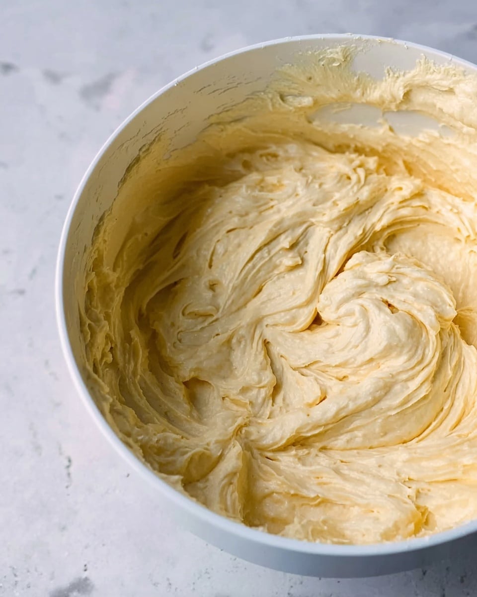 A close-up view of a white bowl filled with creamy, light yellow mixture with soft, swirled texture inside. The thick batter or dough has small uneven peaks and gentle folds all around the bowl. The surface below is a white marbled texture. photo taken with an iphone --ar 4:5 --v 7
