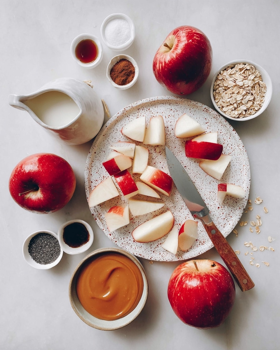 A white speckled round plate in the center has a large red apple cut into slices and cubes, with a silver knife with a wooden handle resting on it. Around the plate are whole red apples and one apple half showing its pale inside. To the left, there is a white speckled small pitcher filled with milk and an orange bowl with a smooth peanut butter-like spread. At the top, three white ceramic spoons hold dark syrup, brown powder, and white salt, while two small white bowls contain dark syrup and chia seeds. To the right, a bowl of light brown oats is visible. All items rest on a white marbled surface. Photo taken with an iphone --ar 4:5 --v 7