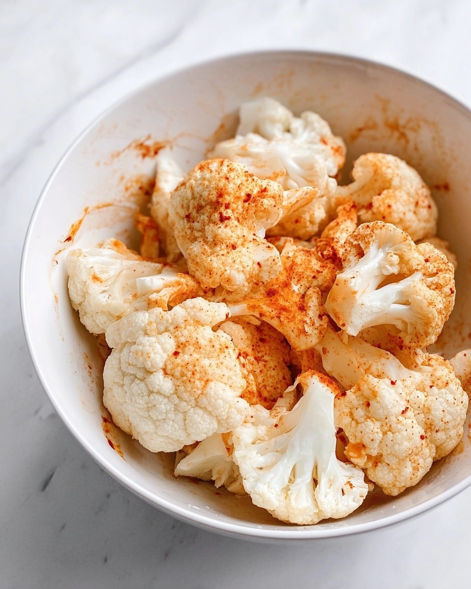 A white bowl sits on a white marbled surface, filled with large cauliflower florets. The cauliflower pieces are mostly white with some light orange powder seasoning evenly dusted and smeared around the inside walls of the bowl, giving a hint of texture and spice. The bowl shows the vivid contrast between the white cauliflower and the reddish-orange seasoning, creating a vibrant and fresh look. photo taken with an iphone --ar 4:5 --v 7