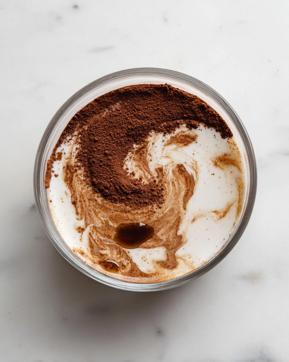A clear glass bowl sits on a white marbled surface, containing three visible layers. The bottom layer is a dark brown powder, likely cocoa, with a slightly rough texture. Above it is a creamy white liquid swirled softly into the brown powder, creating light brown shades where they mix. A small drop of dark amber liquid adds a distinct contrast near one side of the swirl. The bowl is viewed from above, showing all layers clearly in a simple, clean setup. photo taken with an iphone --ar 4:5 --v 7