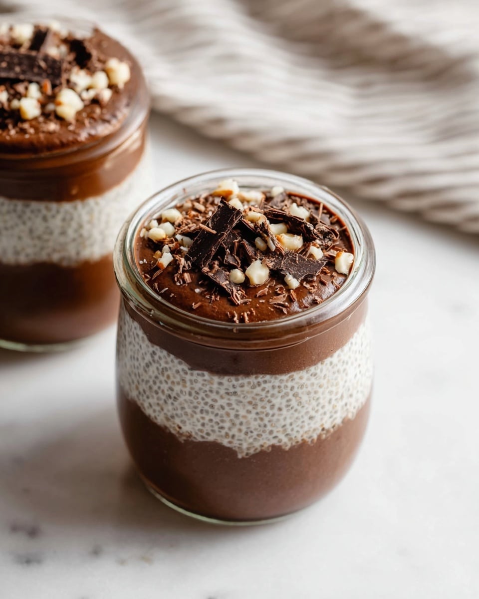 Two small clear glass jars filled with layered dessert sit on a white marbled surface. Each jar has three layers: the bottom and top layers are thick and dark brown, smooth chocolate pudding-like texture, while the middle layer is creamy white with tiny chia seeds giving it a slightly grainy appearance. The top chocolate layer is sprinkled with small chopped nuts and dark chocolate pieces. A soft, striped cloth is blurred in the background. photo taken with an iphone --ar 4:5 --v 7