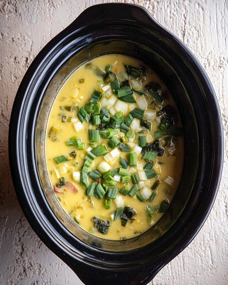 A black slow cooker filled with a thick yellow soup layered with visible chunks of green and white vegetables, sitting on a white marbled textured surface. The soup has small pieces of dark green onions scattered on top, along with light white onion bits, creating a colorful mix on the smooth, creamy yellow base. Some browned pieces, possibly cooked meat, appear beneath the soup surface. photo taken with an iphone --ar 4:5 --v 7