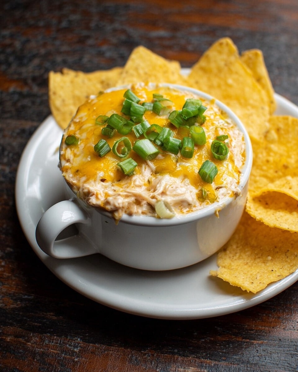 The image shows a white cup filled with a layered dip placed on a white plate. The bottom layer looks creamy and has light brown shredded pieces mixed in. On top of this, there is a melted golden yellow cheese layer that covers most of the dip. Fresh chopped green onions are scattered on the cheese layer, adding a bright green color and fresh texture. The plate also holds several yellow corn tortilla chips, fanned out behind the cup. This whole setup is on a surface that is old dark wood, but for the prompt imagine a white marbled texture. The light highlights the food's creamy and melty texture very well. photo taken with an iphone --ar 4:5 --v 7