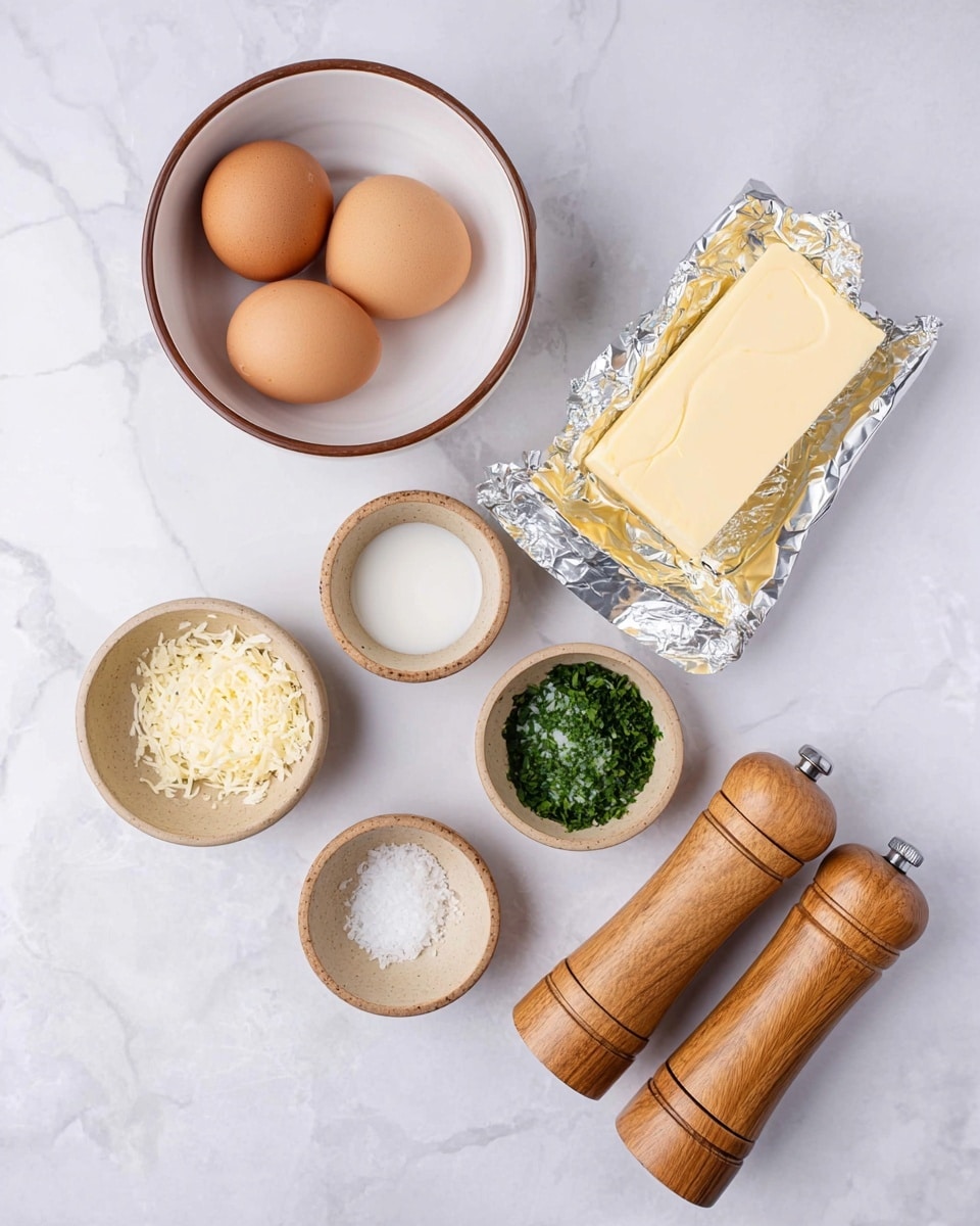 The image shows several cooking ingredients arranged on a white marbled surface. At the top left, there is a white bowl with a brown rim, next to two brown eggs placed side by side in the center. To the right of the eggs, there is a partially unwrapped block of pale yellow butter with silver and gold foil packaging. Below these items, there are three small light brown bowls with different contents: the top one holds a small amount of white liquid, the middle one has grated cheese, and the bottom one contains chopped green herbs. On the bottom right, there are two wooden grinders, one for pepper and one for salt, positioned next to each other. photo taken with an iphone --ar 4:5 --v 7