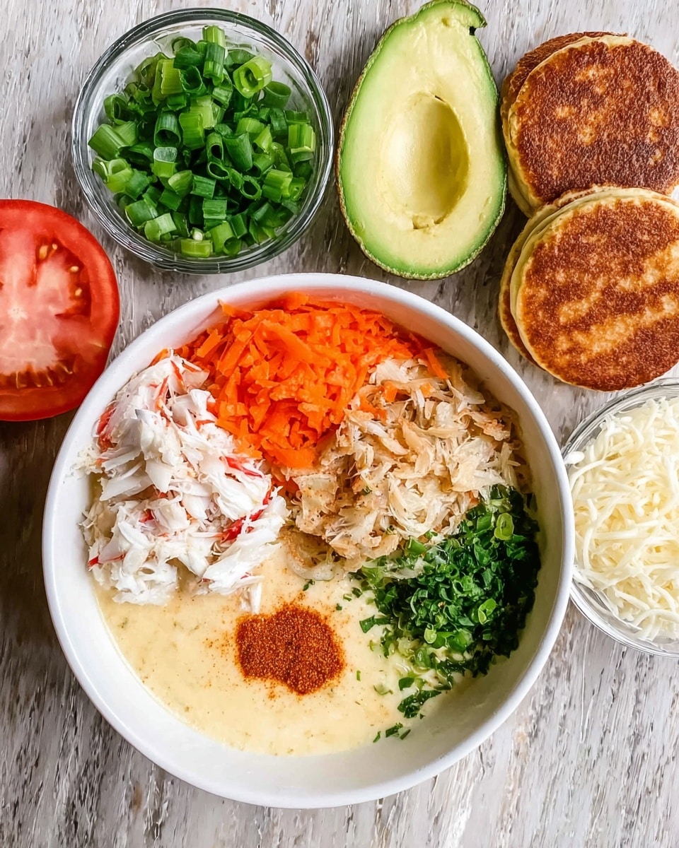 A white bowl is filled with several layers from top view: finely chopped green onions at the top left, finely diced orange carrots next to them, shredded white crab meat in the middle, finely chopped green herbs on the bottom right, creamy light yellow sauce filling the rest of the bowl, and a small round pile of reddish-brown spice near the green onions. Around the bowl on a white marbled surface are an avocado half with the seed removed top left, a slice of red tomato top right, two toasted brown English muffins bottom left, and a small clear bowl with shredded white cheese bottom right. Photo taken with an iphone --ar 4:5 --v 7
