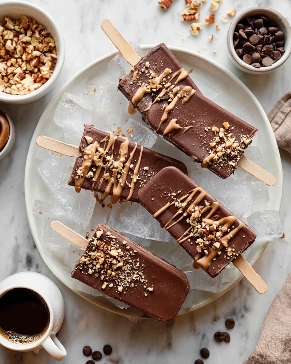 Four rectangular chocolate popsicles lie on clear ice cubes in a white plate. Each popsicle is dark brown and smooth, with a light brown chocolate drizzle across the top and a sprinkling of chopped nuts. The wooden sticks of the popsicles peek out from the bottom. The plate is set on a white marbled surface, with small bowls of nuts, chocolate chips, and coffee scattered nearby, adding a cozy feel to the scene. photo taken with an iphone --ar 4:5 --v 7