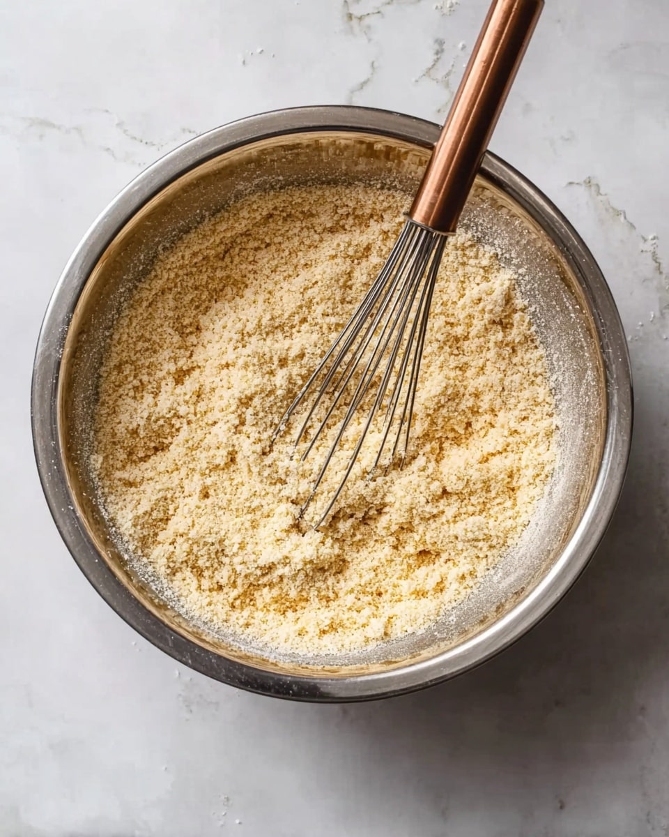 A shiny silver metal bowl filled with a mixture of pale yellow and light brown grainy powder, with some soft clumps visible. A metal whisk with a copper handle stands inside the bowl, slightly lifting some of the powder mixture, showing a rough texture. The bowl sits on a white marbled surface. Photo taken with an iphone --ar 4:5 --v 7