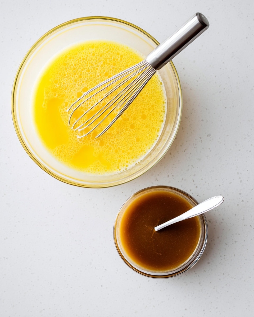 Two clear glass bowls on a white marbled surface; the larger bowl contains bright yellow beaten eggs with frothy bubbles, and a metal whisk resting on the right side inside the bowl, while the smaller bowl below holds a thick, brown sauce with a silver spoon placed inside it, the spoon handle pointing downwards slightly to the right. Photo taken with an iphone --ar 4:5 --v 7