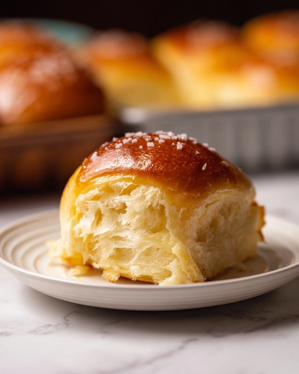 A single soft bread roll sits on a white plate with gentle ridges around the edge, placed on a white marbled surface. The roll has a shiny golden-brown top sprinkled with coarse salt crystals. The inside of the roll is light yellow and fluffy, showing many soft, delicate layers that look slightly pulled apart, revealing its airy texture. In the background, a baking pan with more golden rolls is blurred, adding depth without drawing focus. The lighting highlights the warm tones and softness of the bread, capturing a cozy and fresh-baked feel. photo taken with an iphone --ar 4:5 --v 7
