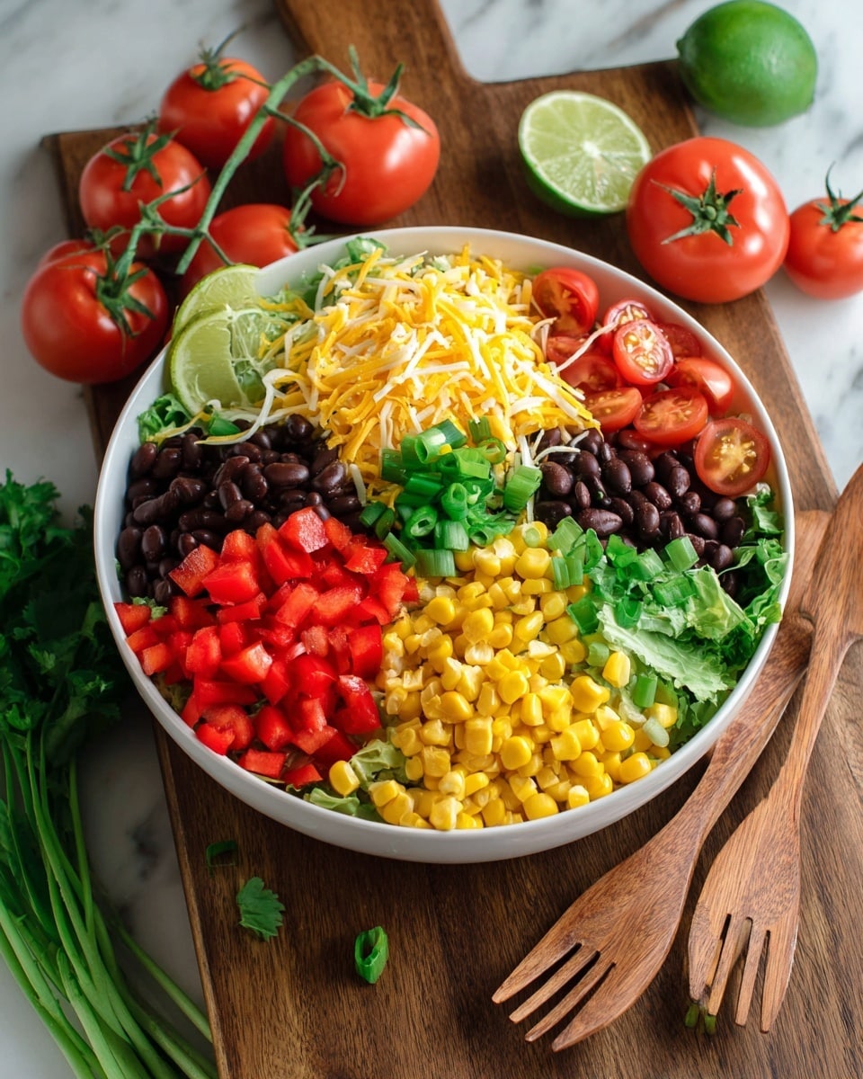 A white bowl filled with six distinct layers of fresh ingredients arranged side by side: bright red diced bell peppers, shredded yellow cheese piled in the center, chopped green lettuce, halved cherry tomatoes showing their juicy interiors, dark black beans, and bright yellow corn kernels. Two green lime wedges and chopped green onions are placed on top near the diced bell peppers. The bowl sits on a wooden cutting board with wooden salad forks and fresh tomatoes on the vine beside it, all over a white marbled surface. Photo taken with an iphone --ar 4:5 --v 7
