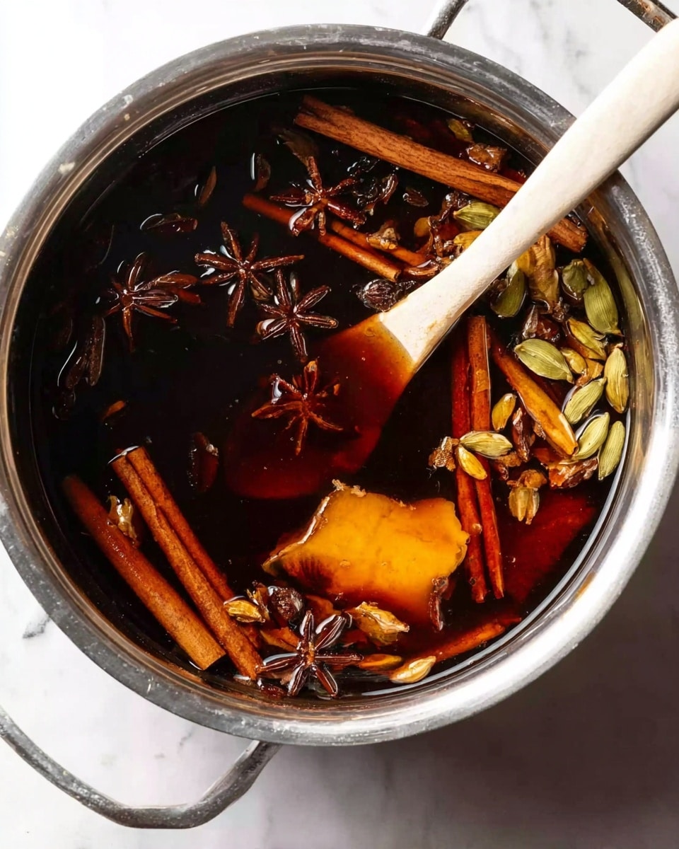 The image shows a shiny silver pot filled with dark amber liquid. Floating on the surface are many warm brown cinnamon sticks, star-shaped star anise, light green cardamom, and a large piece of pale orange ginger. A wooden spoon with a long white handle is inside the pot, stirring the liquid and spices. The pot is placed on a white marbled surface. The lighting highlights the rich color and texture of the spices and liquid. photo taken with an iphone --ar 4:5 --v 7