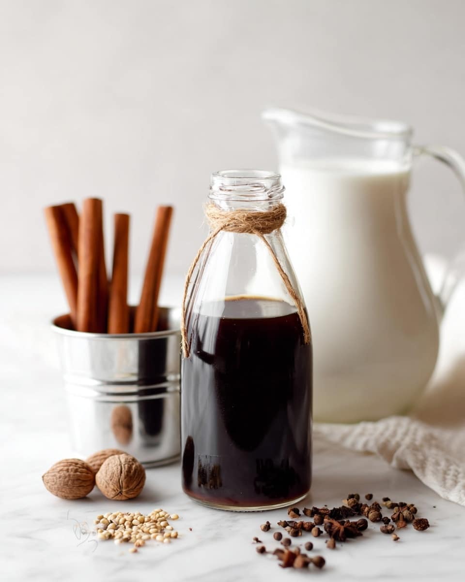 The image shows a clear glass bottle filled with dark brown liquid with a simple twine wrapped around its neck, placed on a white marbled surface. Behind it, there is a white carafe filled with white milk, slightly out of focus. To the left, a small shiny metal bucket holds several brown cinnamon sticks standing upright. Scattered on the white marbled surface in front of the bottle and bucket are various whole spices, including nutmeg, cloves, and cardamom pods, along with some coarse grains. The overall scene is soft and bright, with a clean and simple look. photo taken with an iphone --ar 4:5 --v 7
