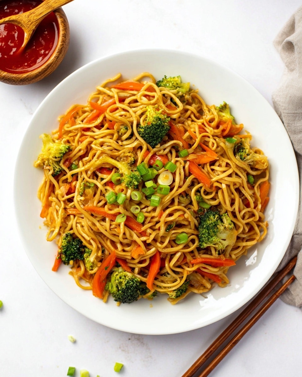 A white plate holds a serving of stir-fried noodles mixed with bright orange carrot sticks, green broccoli florets, and small chopped green onions scattered on top. The noodles look soft and light brown with a shiny texture from the sauce. The vegetables sit evenly throughout the noodles showing a mix of colors and textures. To the right side of the plate, a pair of wooden chopsticks rest partially on the edge. Above the plate, on a white marbled surface, there is a small brown wooden bowl filled with red chili sauce and a wooden spoon inside. The background is clean and white marbled, highlighting the colorful dish. photo taken with an iphone --ar 4:5 --v 7