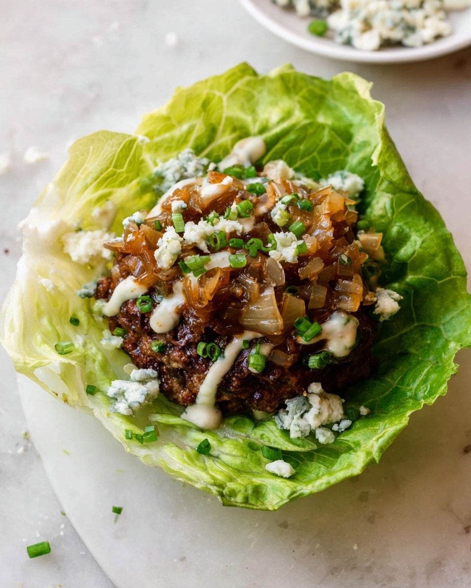 Lettuce Wrap Blue Cheese Burgers with Caramelized Onions Recipe