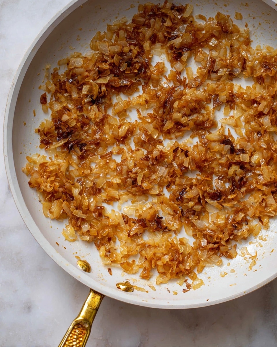 In a white pan with a golden handle, a single layer of cooked, small caramelized onion pieces is spread out. The onions show a mix of golden brown and darker brown colors with a slightly shiny, soft and slightly crispy texture. The pan rests on a white marbled surface, and there are a few drops of oil and bits of browned onion stuck to the pan edges. photo taken with an iphone --ar 4:5 --v 7