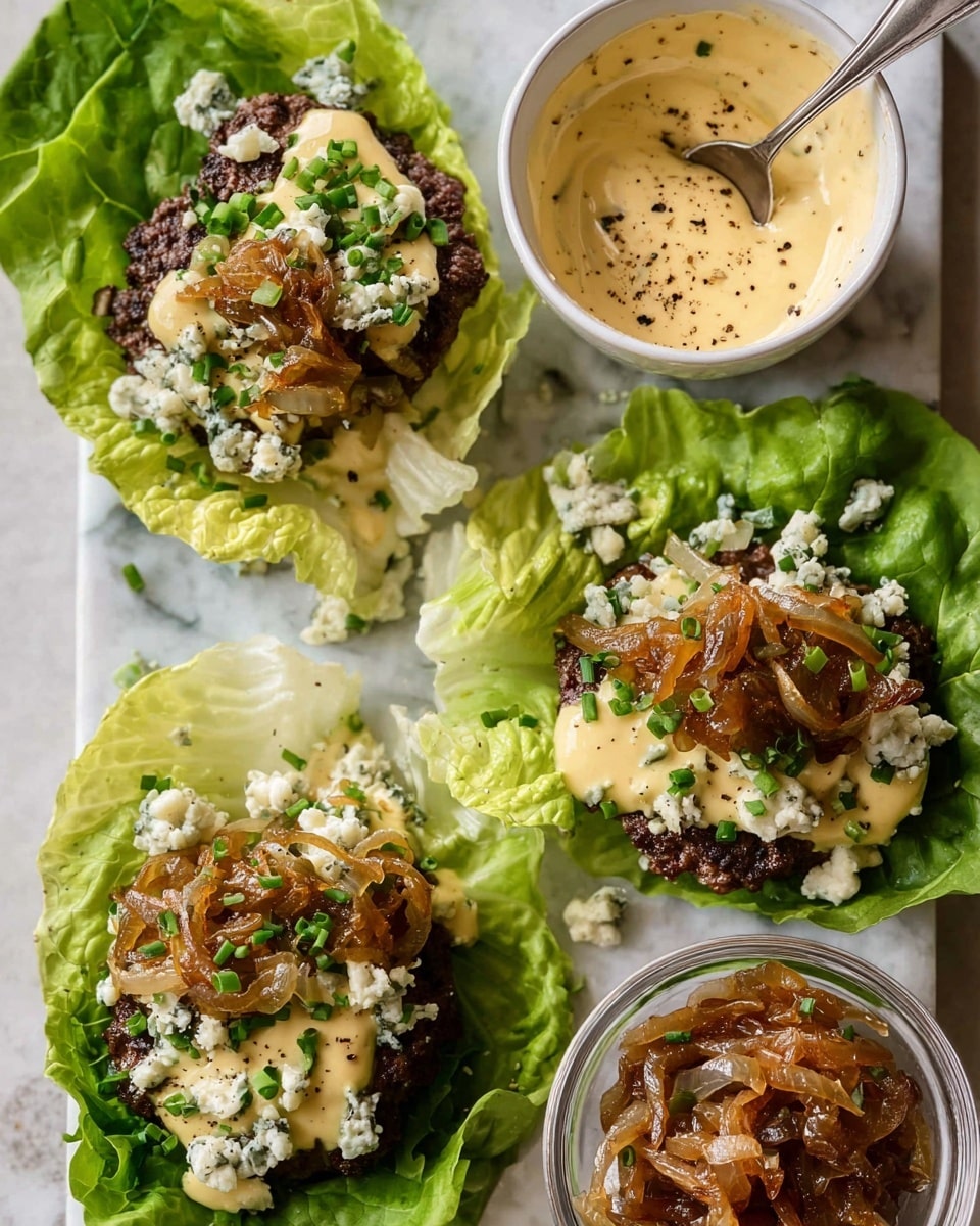 Three lettuce wraps rest on a white marbled surface, each made with a fresh, bright green iceberg lettuce leaf as the base. Inside each leaf is a dark brown meat patty topped with a pale creamy yellow sauce, light crumbled blue cheese, and finely chopped green chives. One wrap also has a pile of caramelized onions added on top. A small white bowl with the same creamy yellow sauce, sprinkled with black pepper flakes, sits above the wraps with a silver spoon resting on it. Next to it is a small clear bowl filled with caramelized onions. photo taken with an iphone --ar 4:5 --v 7