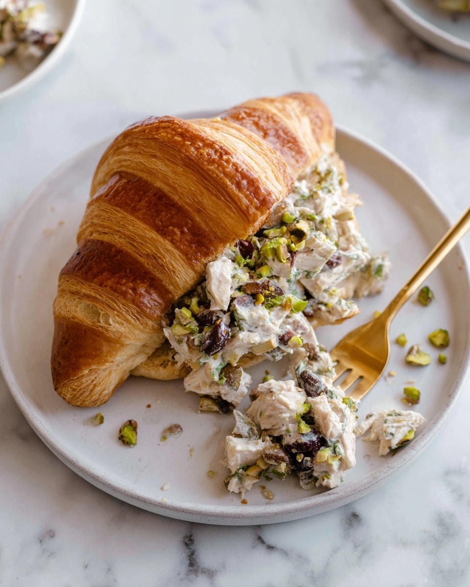 A shiny golden brown croissant is filled with a creamy chicken salad that has visible chunks of white chicken mixed with green pistachio pieces and dark dried fruit bits, placed on a white plate. The croissant is partly open to show the filling spilling onto the plate. A golden fork with some salad on it rests on the plate's right side. The background is a white marbled surface. Photo taken with an iphone --ar 4:5 --v 7