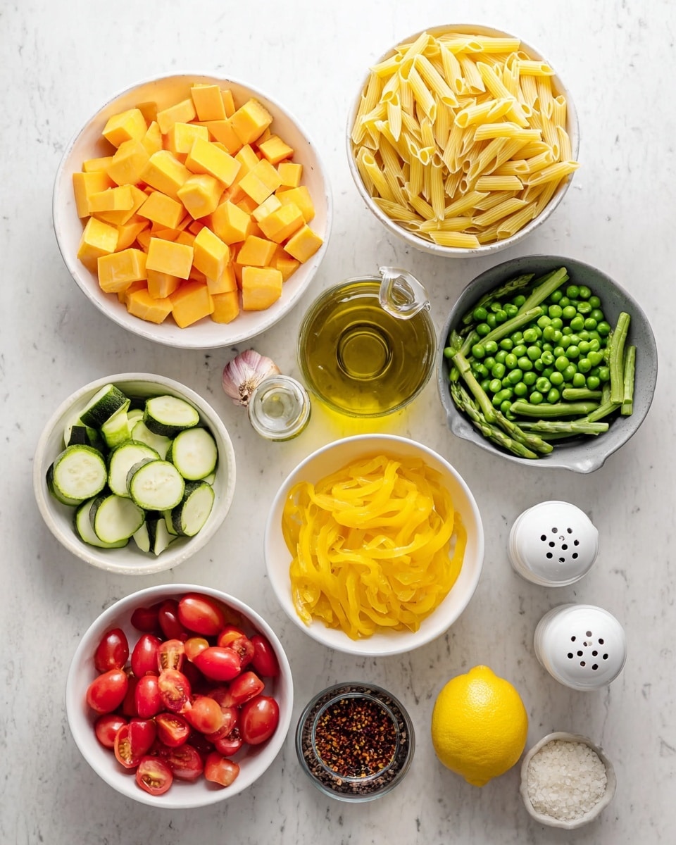 The image shows many white bowls placed on a white marbled surface, each holding different ingredients. One bowl contains yellow-orange cubed squash, another has yellow pasta penne, a bowl filled with green asparagus pieces, and another with halved red cherry tomatoes. There is also a white bowl with sliced yellow bell peppers, a grey bowl with sliced green zucchini, and a small white bowl with frozen green peas. On the side, there is a whole yellow lemon, three garlic cloves, a small container with dark red chili flakes, a small bowl with grated white cheese, and two white shakers with black tops. A clear glass bottle of olive oil is also visible. The setup is bright and clean. photo taken with an iphone --ar 4:5 --v 7